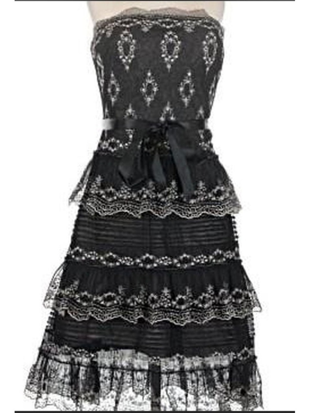 BCBGMaxAzria strapless Lace embroidered black tiered ruffle mini dress